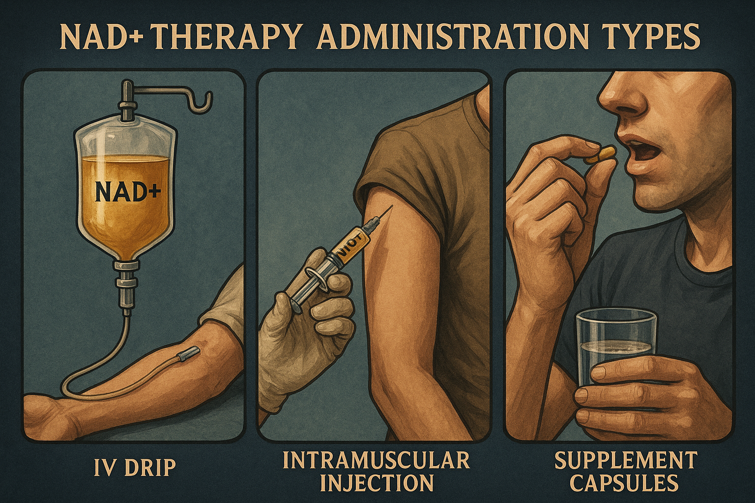 A depiction of NAD+ therapy administration types – IV drip, intramuscular injection, and supplement capsules at home. Alt: guide to using NAD+ therapy at home delivery methods illustration.
