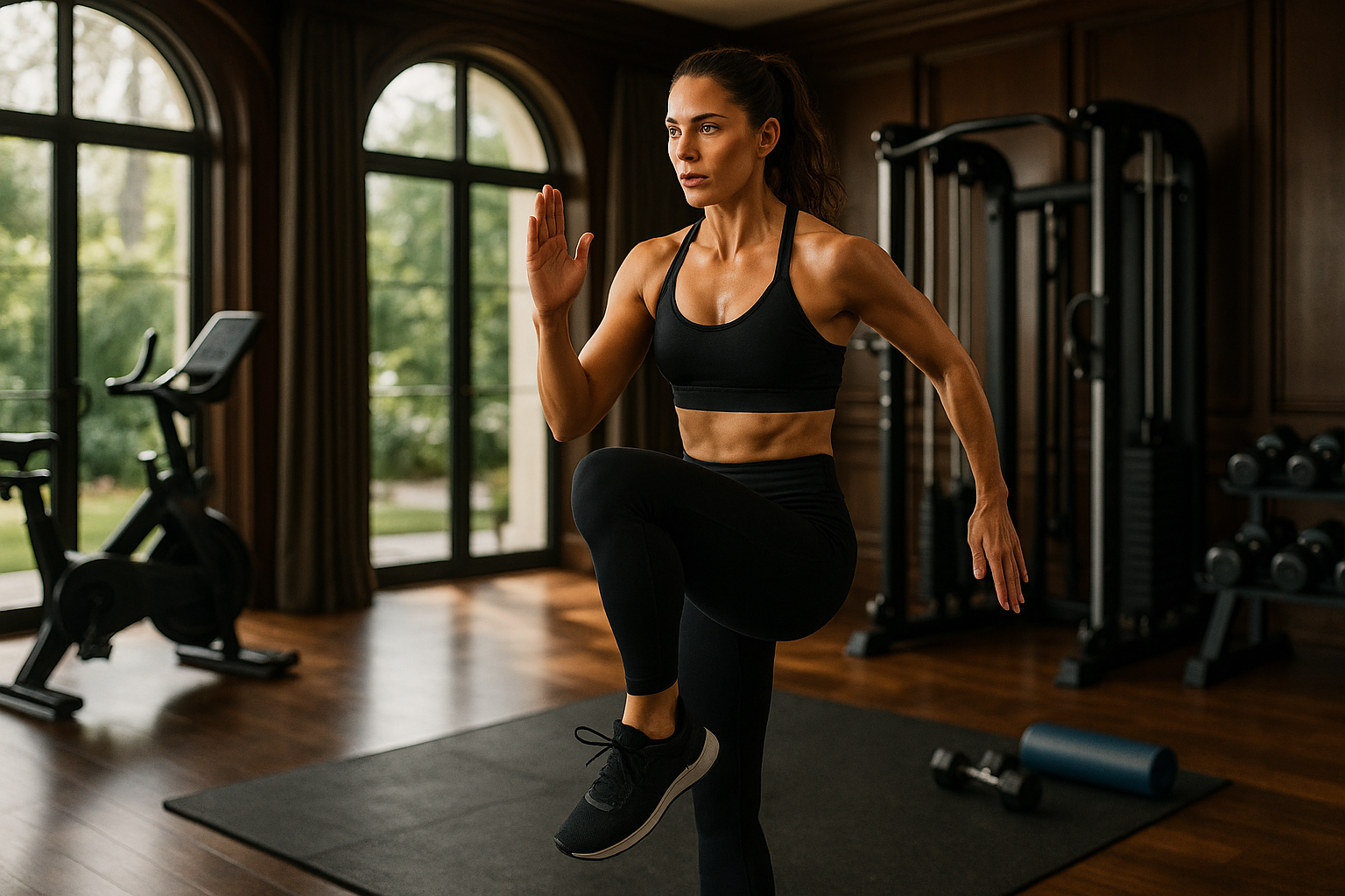 Woman performing a high-intensity interval training workout in luxurious home gym. Alt: guide to using NAD+ therapy at home active lifestyle tip.