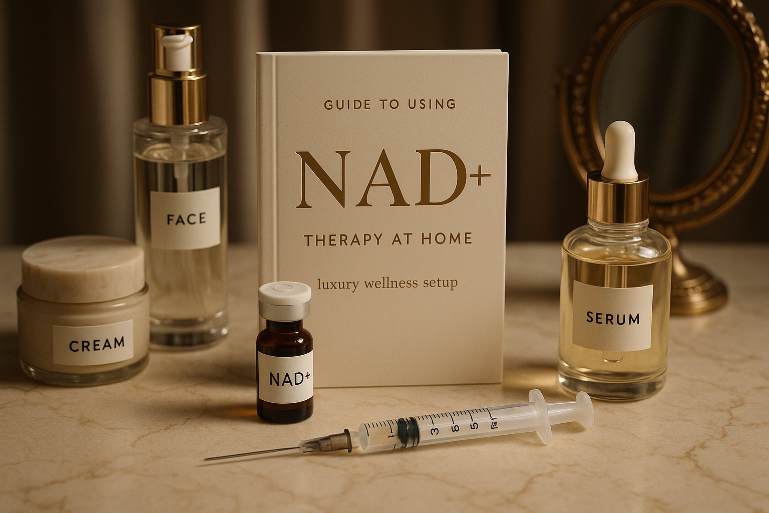 Elegant home wellness setup featuring NAD+ therapy essentials alongside luxury skincare products. Alt: guide to using NAD+ therapy at home luxury wellness setup.