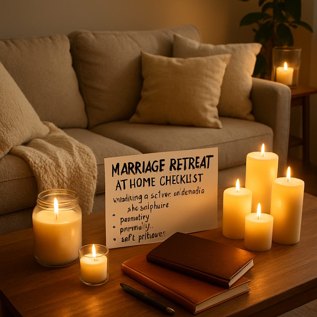 A cozy living‑room set up for a couples’ retreat with candles, journals, and soft pillows. Alt: marriage retreat at home checklist setting a calm, intimate atmosphere.