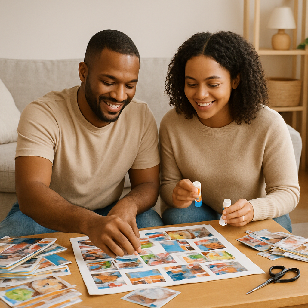 A couple sitting at a low table covered in colorful magazines, scissors, and glue, assembling a vision board together. Alt: marriage retreat at home checklist activity planning vision board workshop
