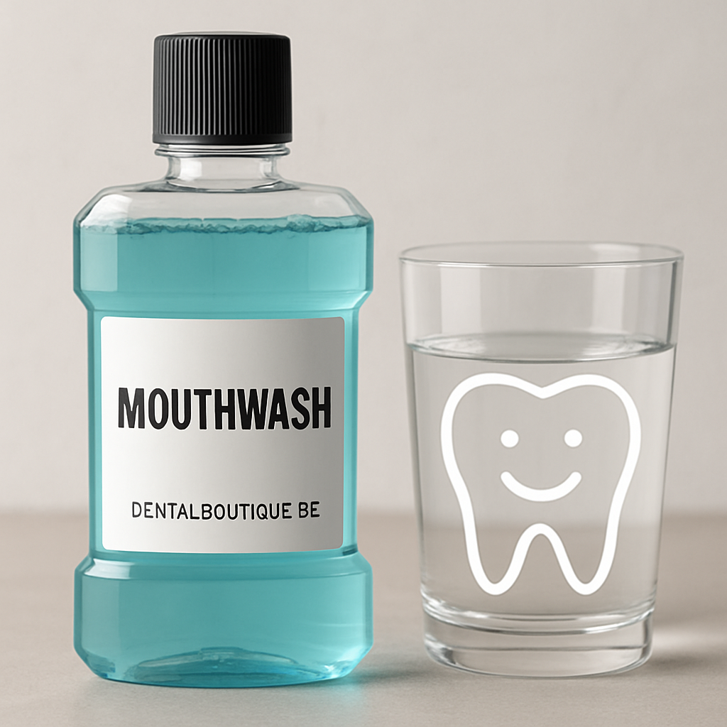 A close‑up of a modern mouthwash bottle beside a glass of water, with a subtle smiley face illustration overlay, suggesting a friendly mouth environment. Alt: Mouthwash bottle and water glass illustration.