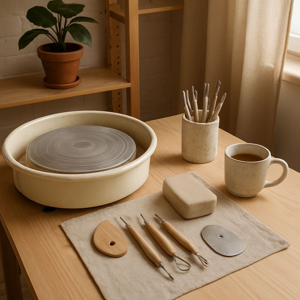 A cozy home pottery workspace with a beginner’s wheel, essential pottery tools like ribs and needle tool neatly arranged, and a mug of tea nearby. Alt: Beginner pottery tools and setup for online pottery classes for beginners.