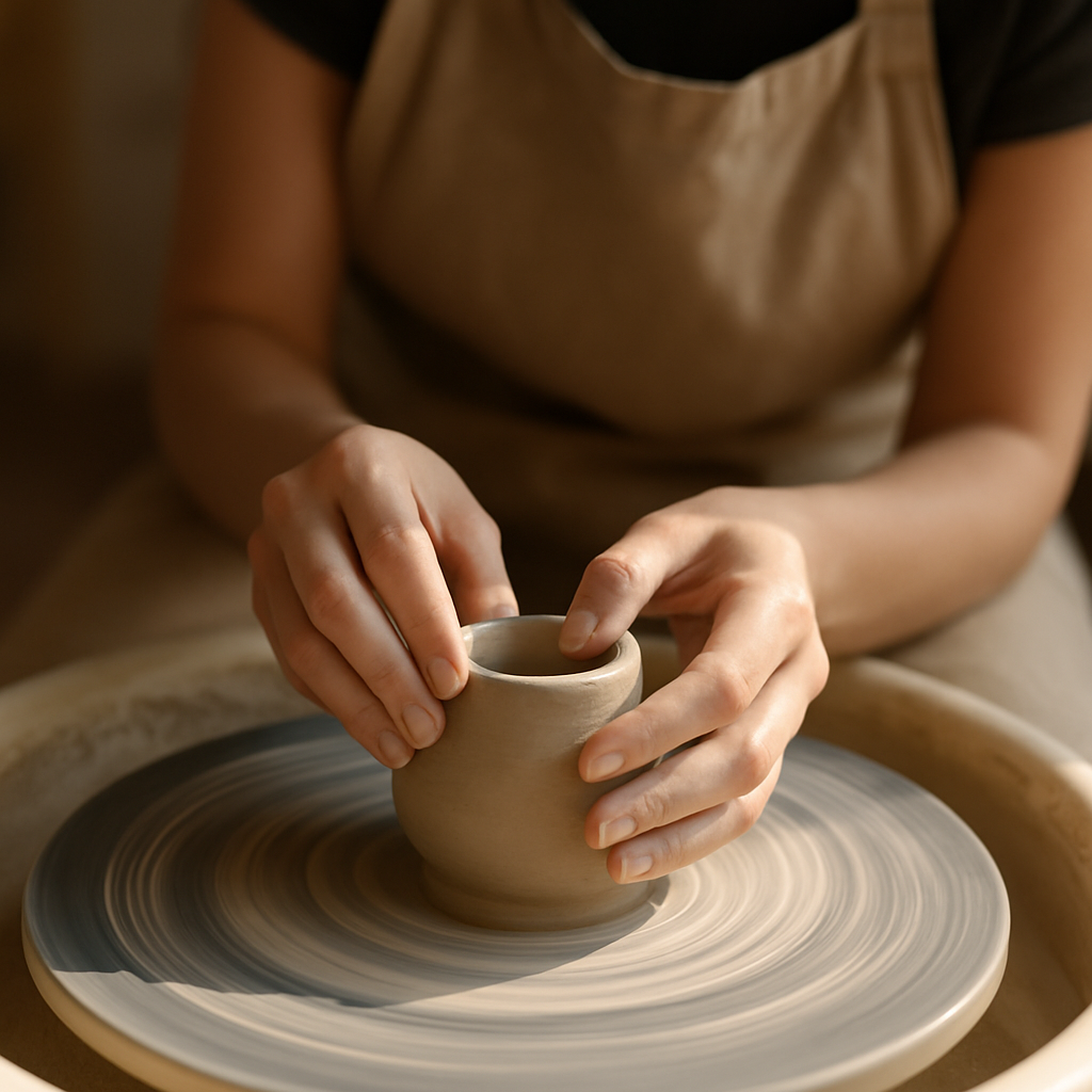 A beginner potter shaping a small pinch pot on a pottery wheel, natural light highlighting the clay’s texture. Alt: Hands gently molding a lump of clay on a pottery wheel in an online pottery class for beginners.