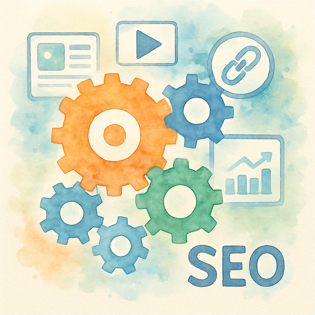 An illustration showing gears and digital content elements seamlessly working together, symbolizing an automated content engine powering backlinks and SEO growth. Alt: Automated content engine and backlink network pricing powering SEO strategy.