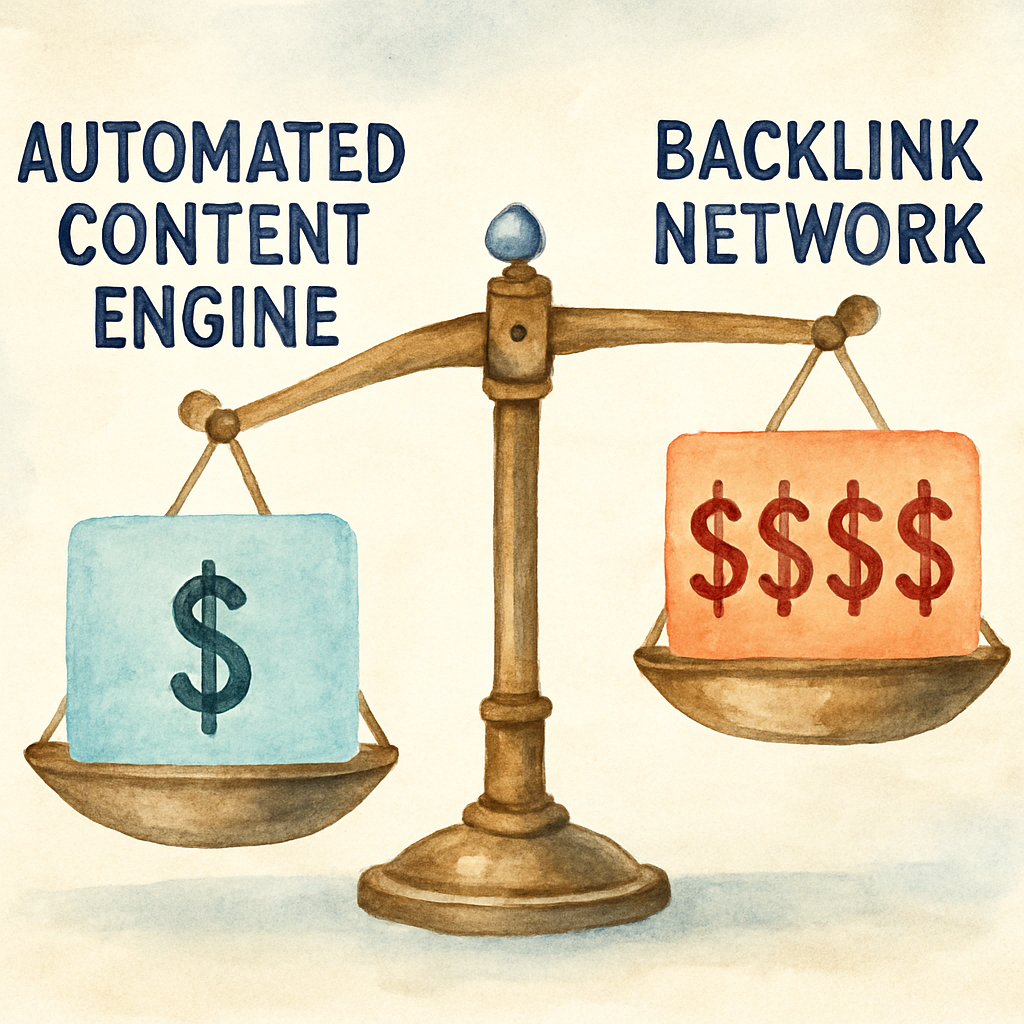 Illustration showing contrasting pricing scales between automated content engines and backlink networks. Alt: Automated content engine and backlink network pricing comparison graphic.