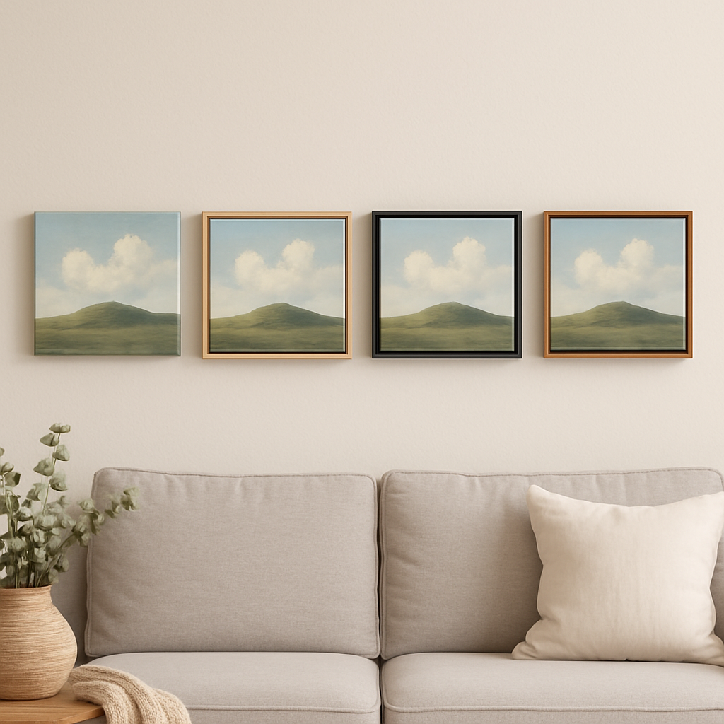 A square canvas hanging on a living‑room wall with different frame options displayed side by side. Alt: square canvas prints framing and hanging ideas