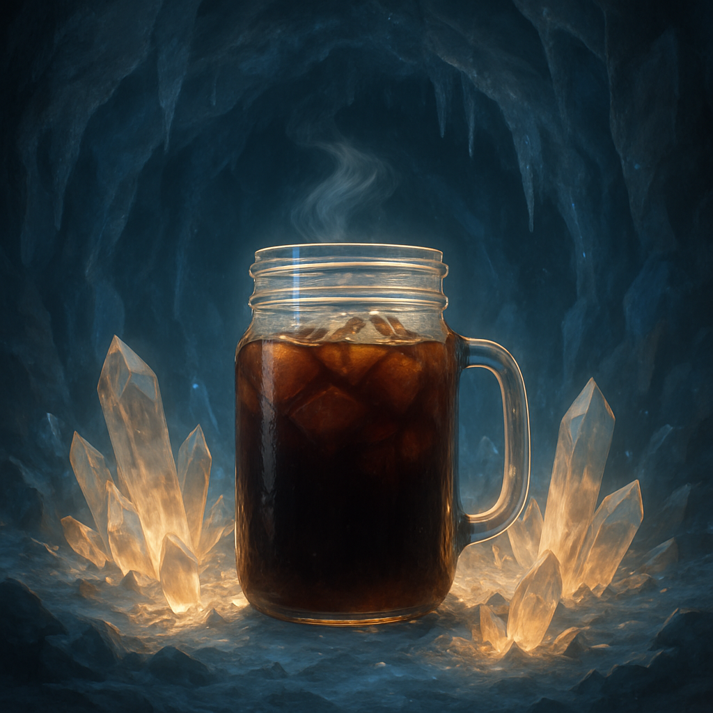 A fantasy‑themed mason jar filled with dark ice coffee, surrounded by glowing crystal formations and a frosty cavern backdrop. Alt: ice coffee chilling in crystal cavern, fantasy coffee ritual.