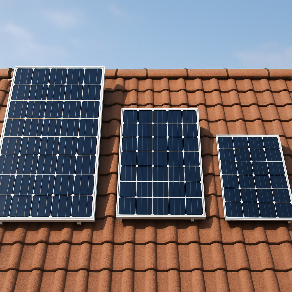 A side‑by‑side comparison of three solar panels on a roof, showing size differences. Alt: residential solar panel types comparison