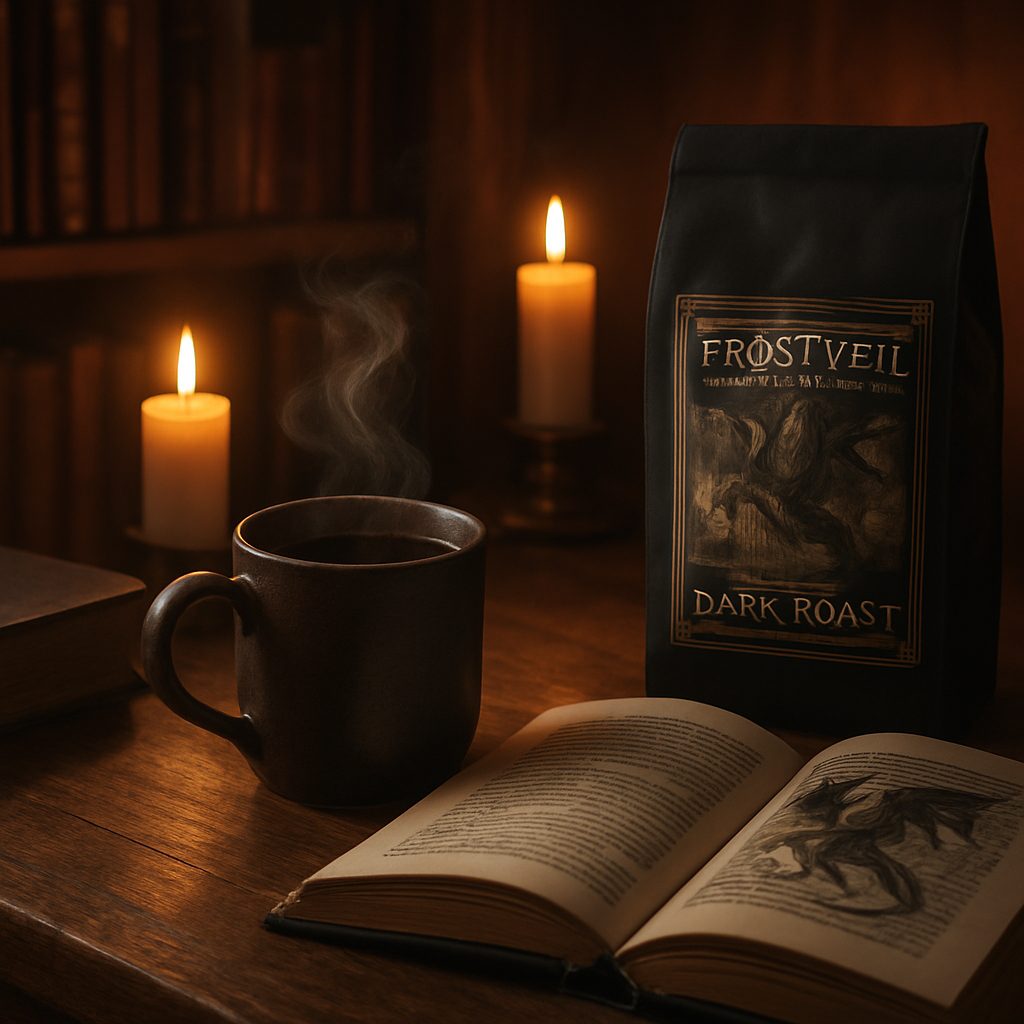 A cozy reading corner lit by candlelight, a steaming mug of dark roast coffee on a wooden table beside an open fantasy novel. Alt: fantasy coffee subscription brew setup for book lovers
