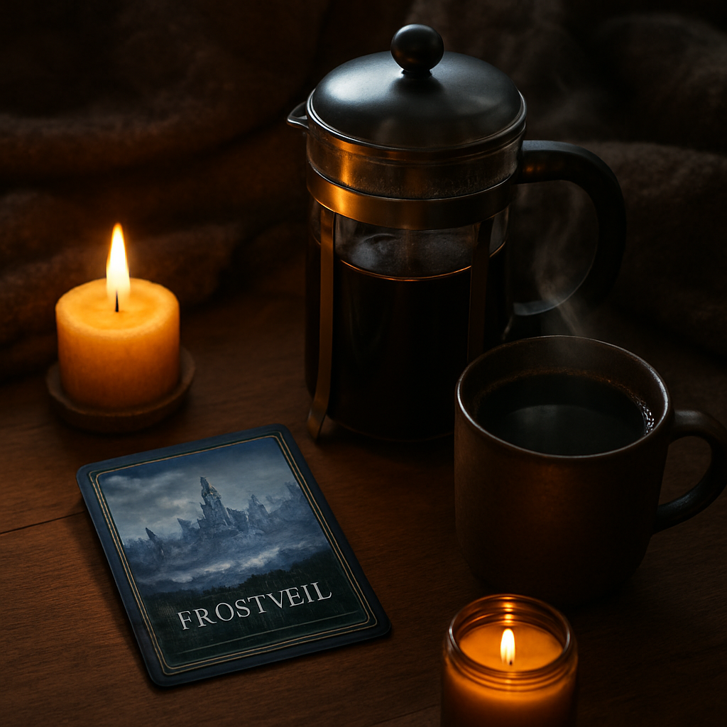 A cozy winter nook with a French press, a Frostveil lore card, and a steaming mug of dark roast coffee beside a candle. Alt: coffee subscription service seasonal brewing ritual guide