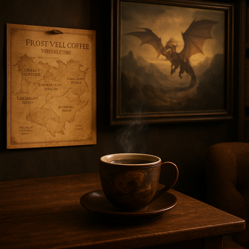 A cozy, dimly lit reading nook with a wooden table, a steaming cup of fantasy‑themed coffee, a printed flavor map pinned to the wall, and soft fantasy artwork in the background. Alt: fantasy coffee subscription flavor map reading nook.