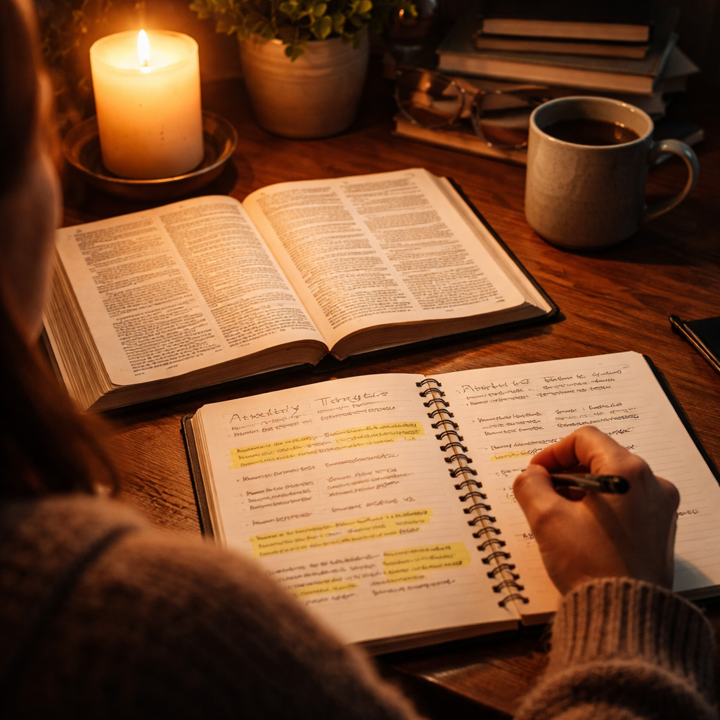 A cinematic, photorealistic scene of a person sitting at a cozy wooden desk, candlelight flickering, open Bible beside a notebook filled with handwritten verses and emotion tags, soft depth of field highlighting the calm atmosphere. Alt: Christian anxiety relief ebook guide to identifying triggers through scripture.