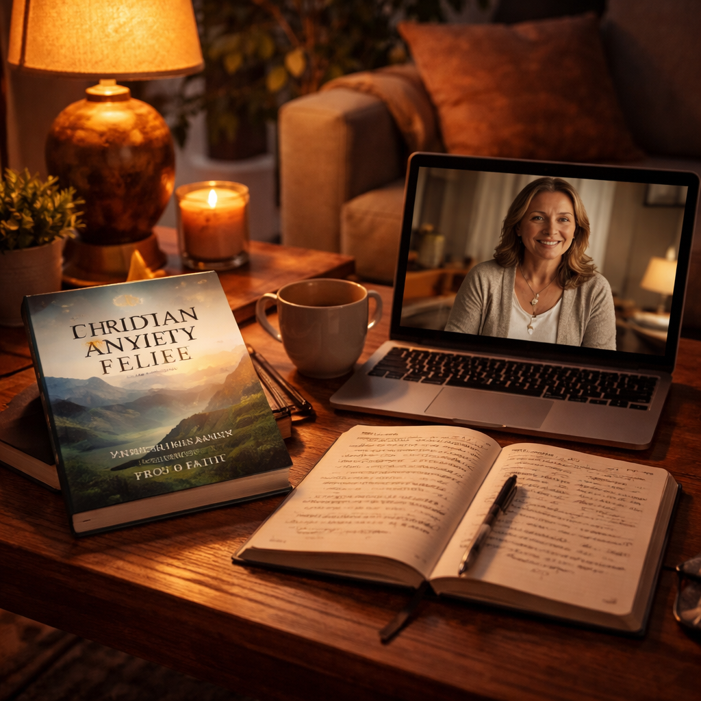 A cinematic, photorealistic scene of a cozy living room at dusk, warm lamp light spilling over an open Christian anxiety relief ebook, a notebook with handwritten prayers, and a laptop showing a video call with a compassionate spiritual counselor. Alt: Spiritual counseling and resources integrated with a Christian anxiety relief ebook.