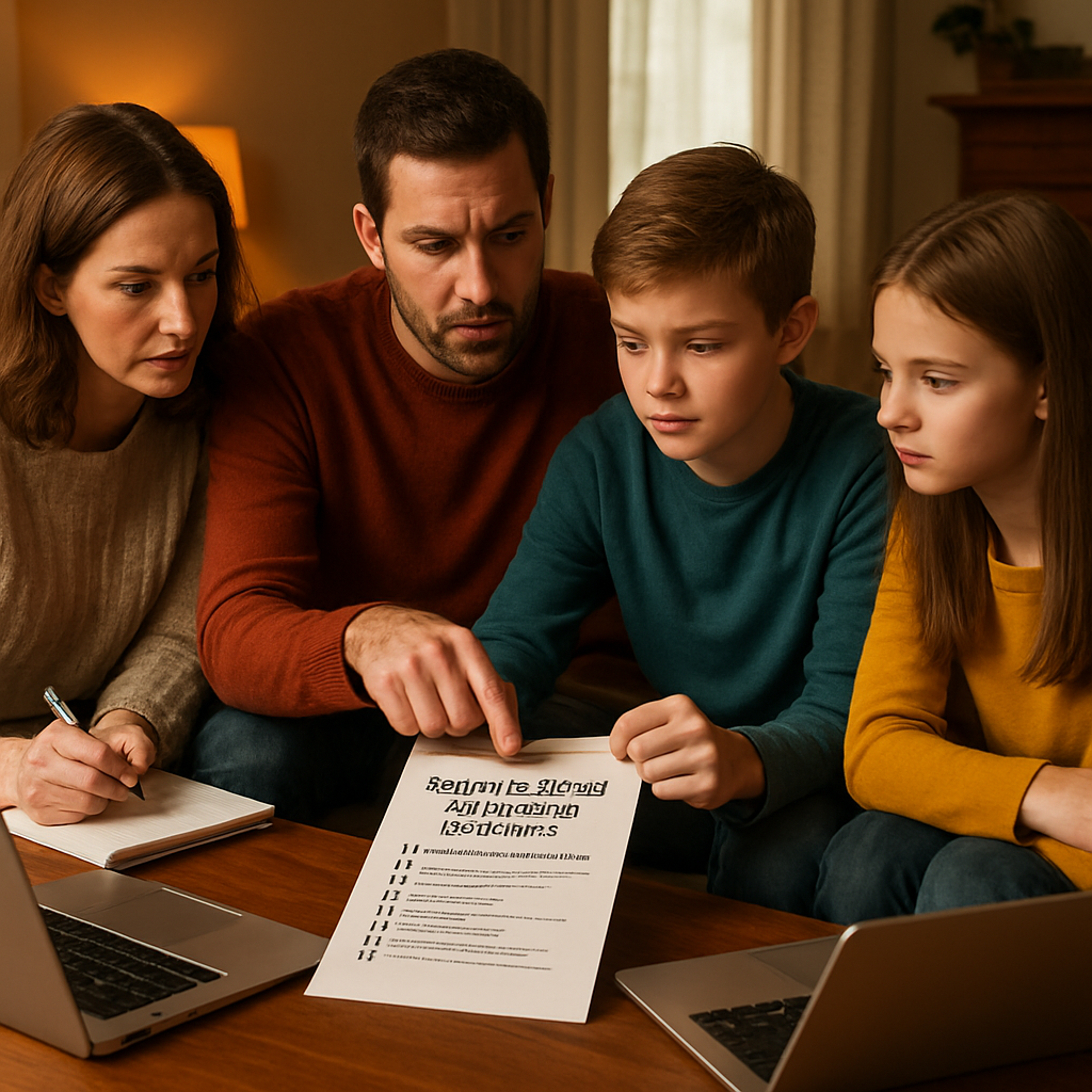 A warm living room scene where a family sits around a coffee table with notebooks and laptops, reviewing a checklist together. Alt: family rehab assessment checklist collaborative discussion