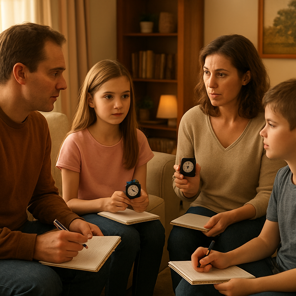 A warm living room scene where a family sits in a circle, each holding a notebook and a timer, practicing a structured rehab session together. Alt: family rehab structured activity session illustration.