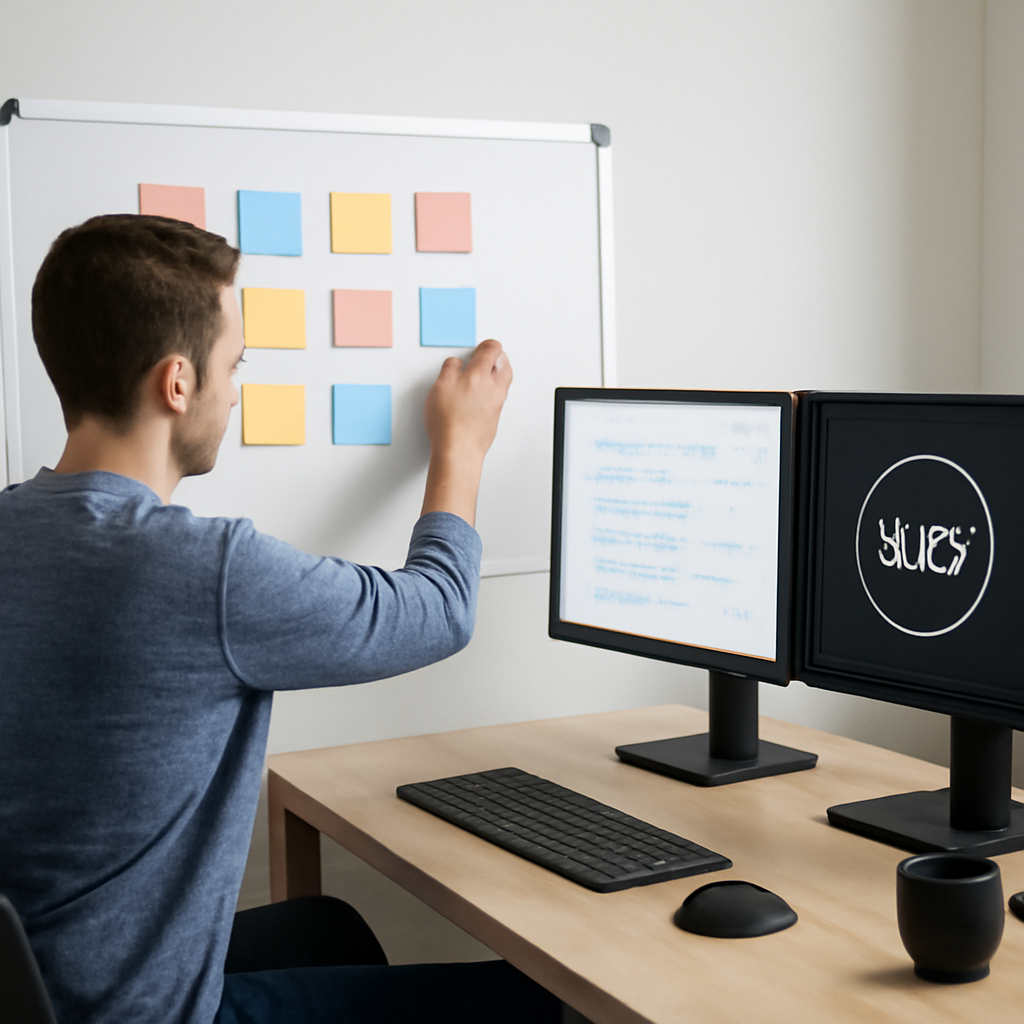 A student arranging sticky notes on a whiteboard, a remote worker with dual monitors and a timer set to 25 minutes. Alt: Visual planning for productivity.