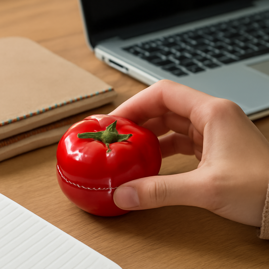 A person setting a magnetic Pomodoro timer on a desk, surrounded by notebooks and a laptop. Alt: Physical Pomodoro timer in use during study session.