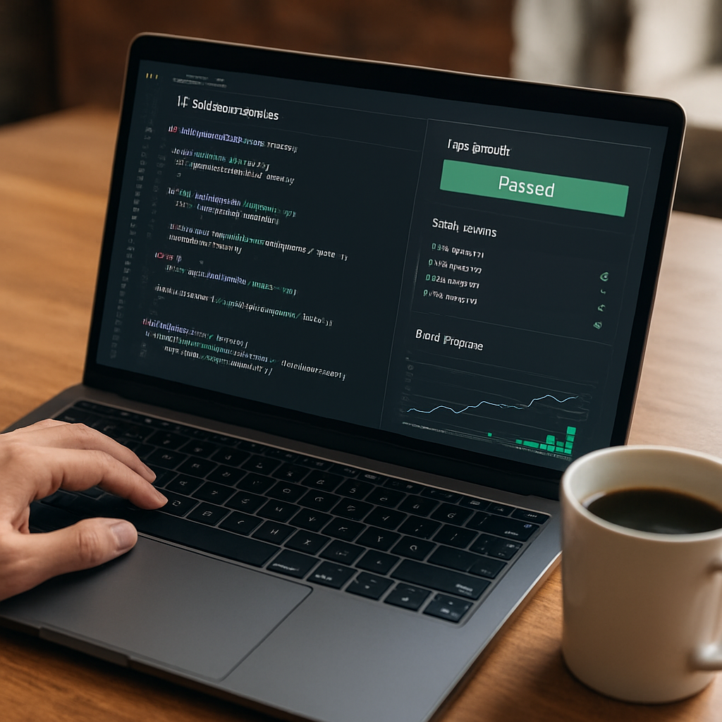 A developer reviewing AI‑refactored code on a laptop with coffee mug, showing test results and performance charts. Alt: ai code refactoring review process