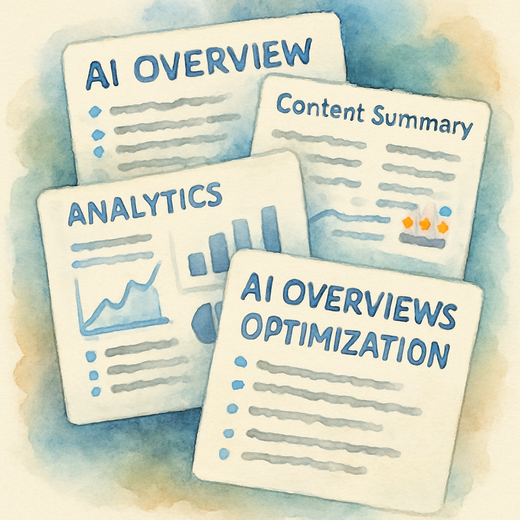 An AI-generated dashboard filled with layers of content summaries and analytics, illustrating the process of AI overviews optimization. Alt: Illustration of layered AI-generated content summaries highlighting ai overviews optimization essentials.