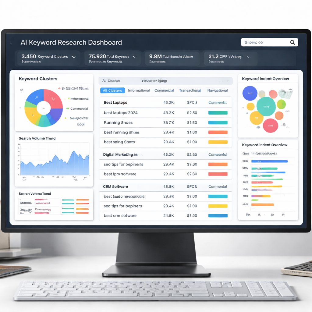 A photorealistic dashboard showing AI‑generated keyword clusters, with graphs and intent tags. Alt: AI keyword research dashboard with clustered keywords and intent data
