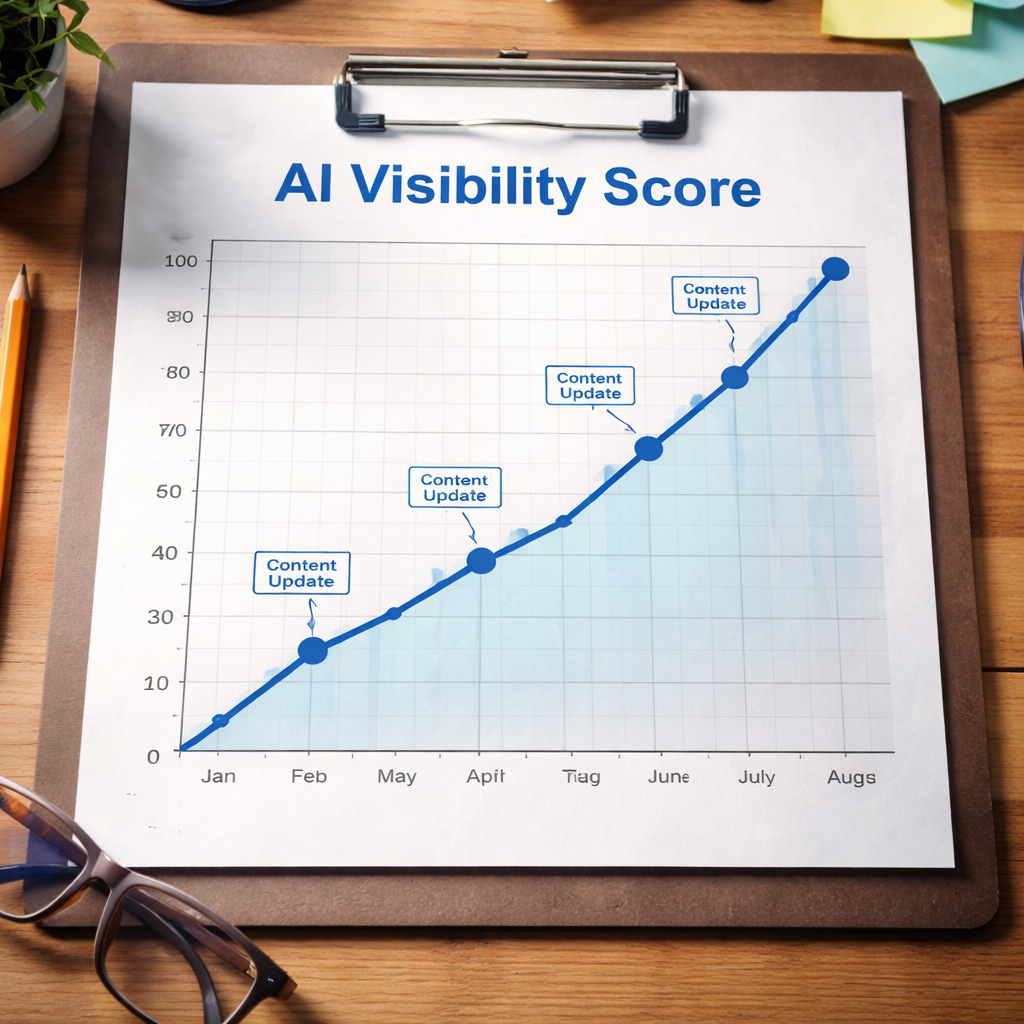 A photorealistic line chart showing AI visibility score rising over months, with markers for content updates. Alt: AI visibility tracking chart with rising trend