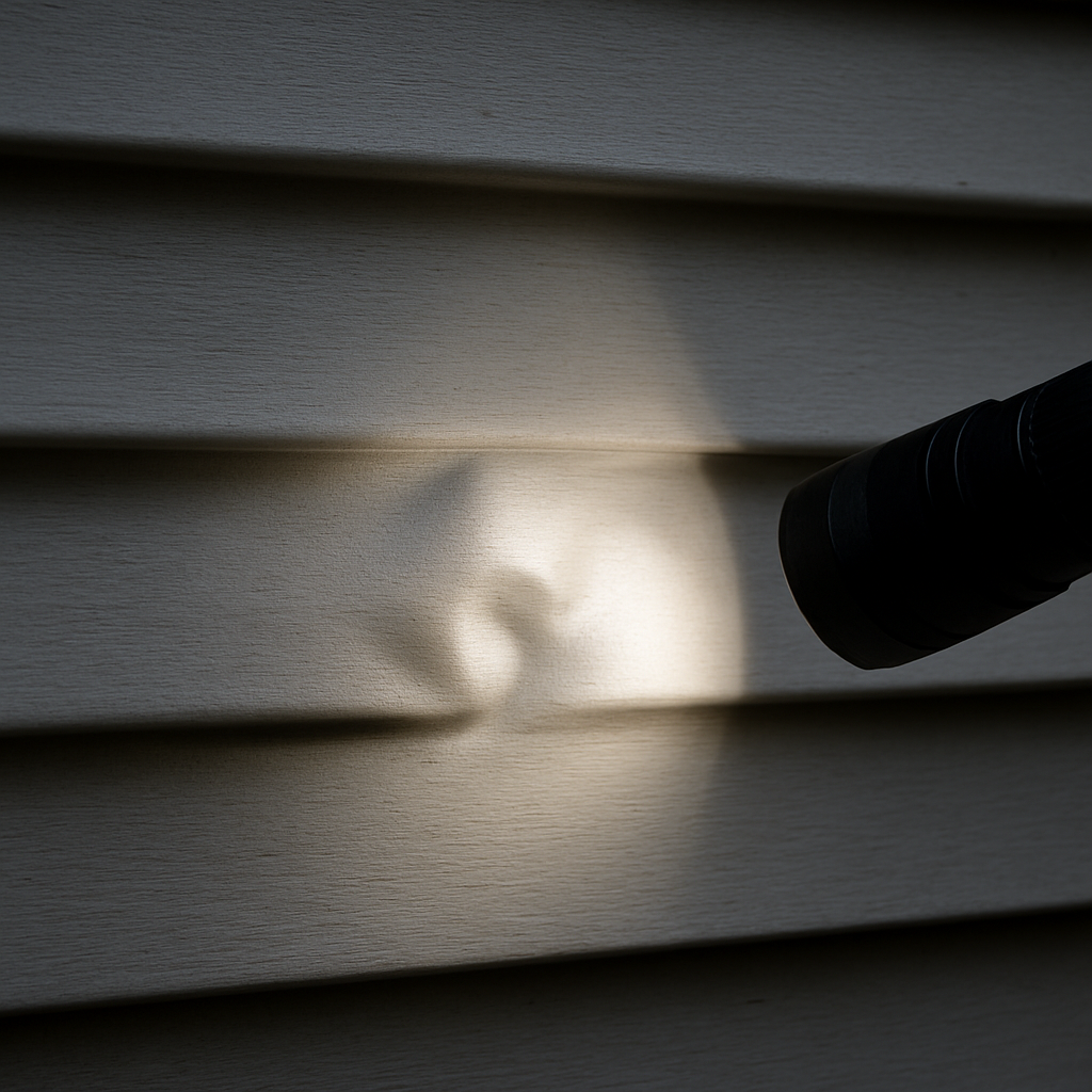 A close‑up of an aluminum siding panel with a visible dent and a flashlight highlighting the damage. Alt: Aluminum siding inspection example