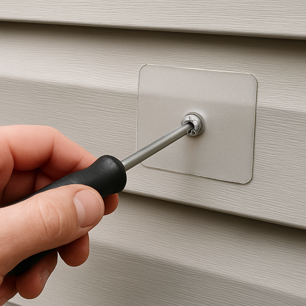 A close‑up of a hand tightening a siding screw, with a clear backdrop of a freshly repaired aluminum panel. Alt: Aluminum siding repair step‑by‑step illustration.