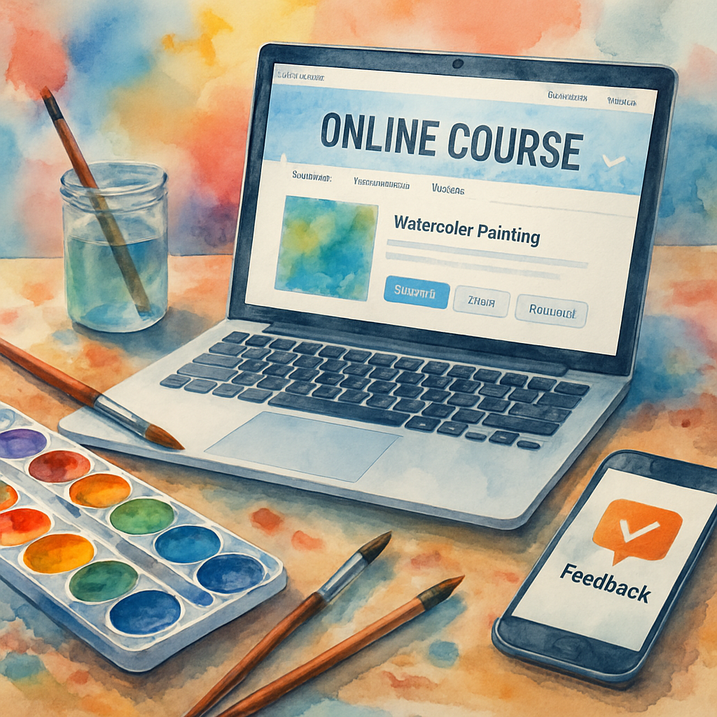 A vibrant watercolor workspace with a laptop open to an online course dashboard, a palette of wet paints, and a smartphone receiving a feedback notification. Alt: interactive watercolor painting platform interface and tools