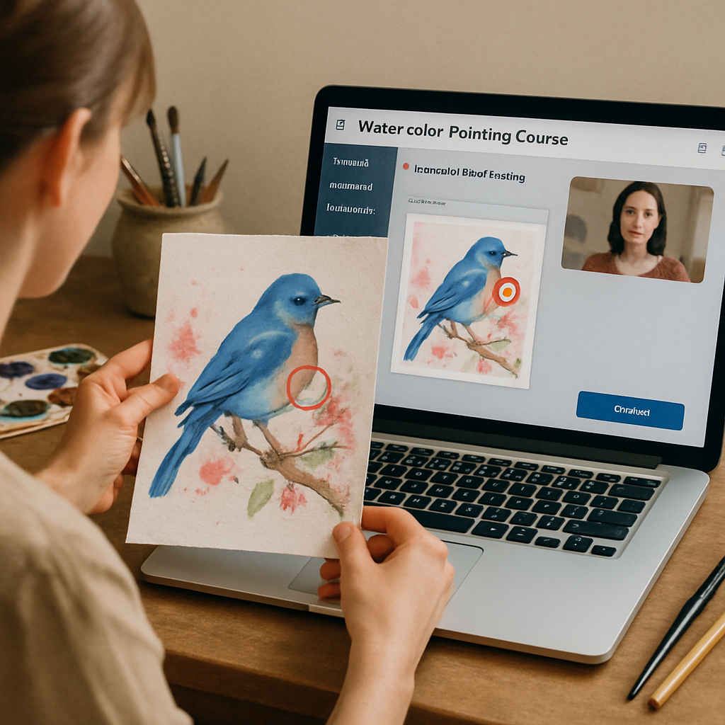 A watercolor artist uploading a photo of a painting on a laptop, with a small red circle annotation on the screen, showing a modern online learning platform interface. Alt: interactive watercolor painting course with instructor feedback upload process.