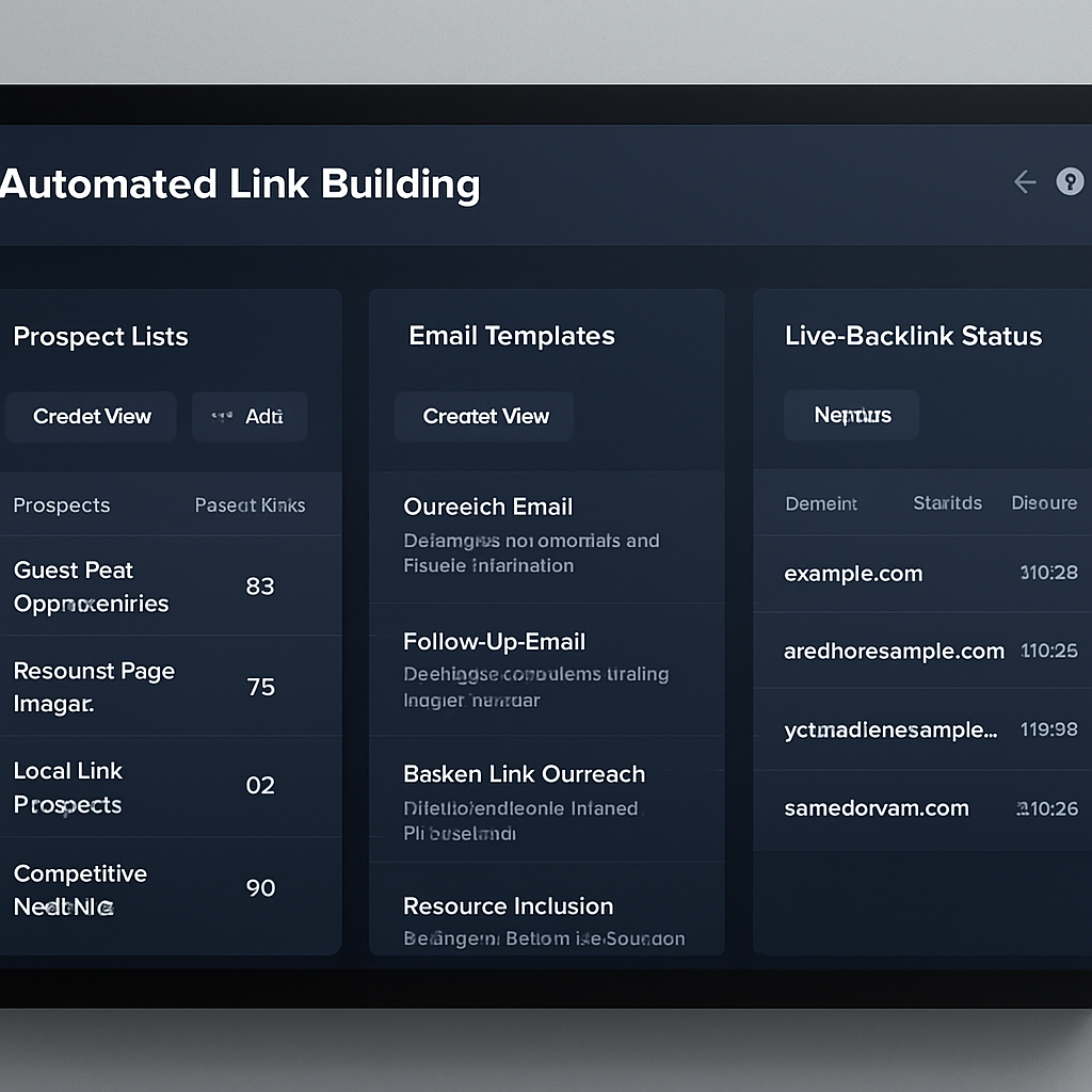A sleek dashboard view of an automated link building platform, showing prospect lists, email templates, and live backlink status. Alt: Automated link building software dashboard overview.