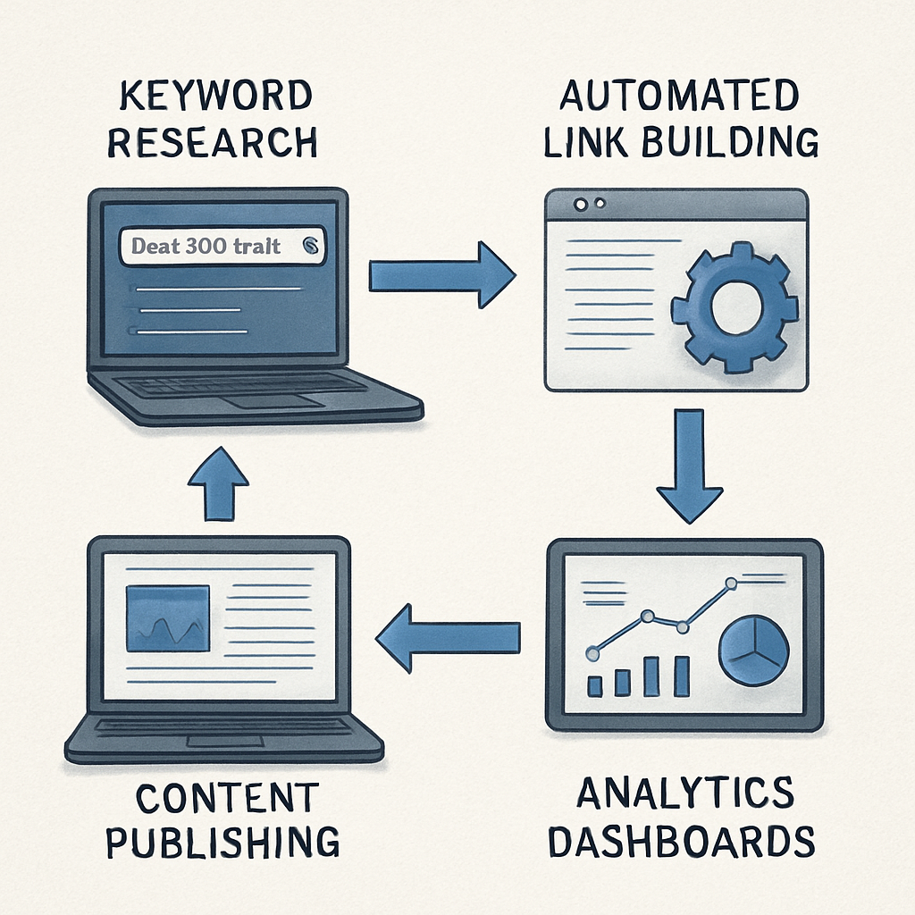 An illustration of a connected SEO workflow diagram showing keyword research, automated link building, content publishing, and analytics dashboards. Alt: integrated SEO stack with automated link building software.