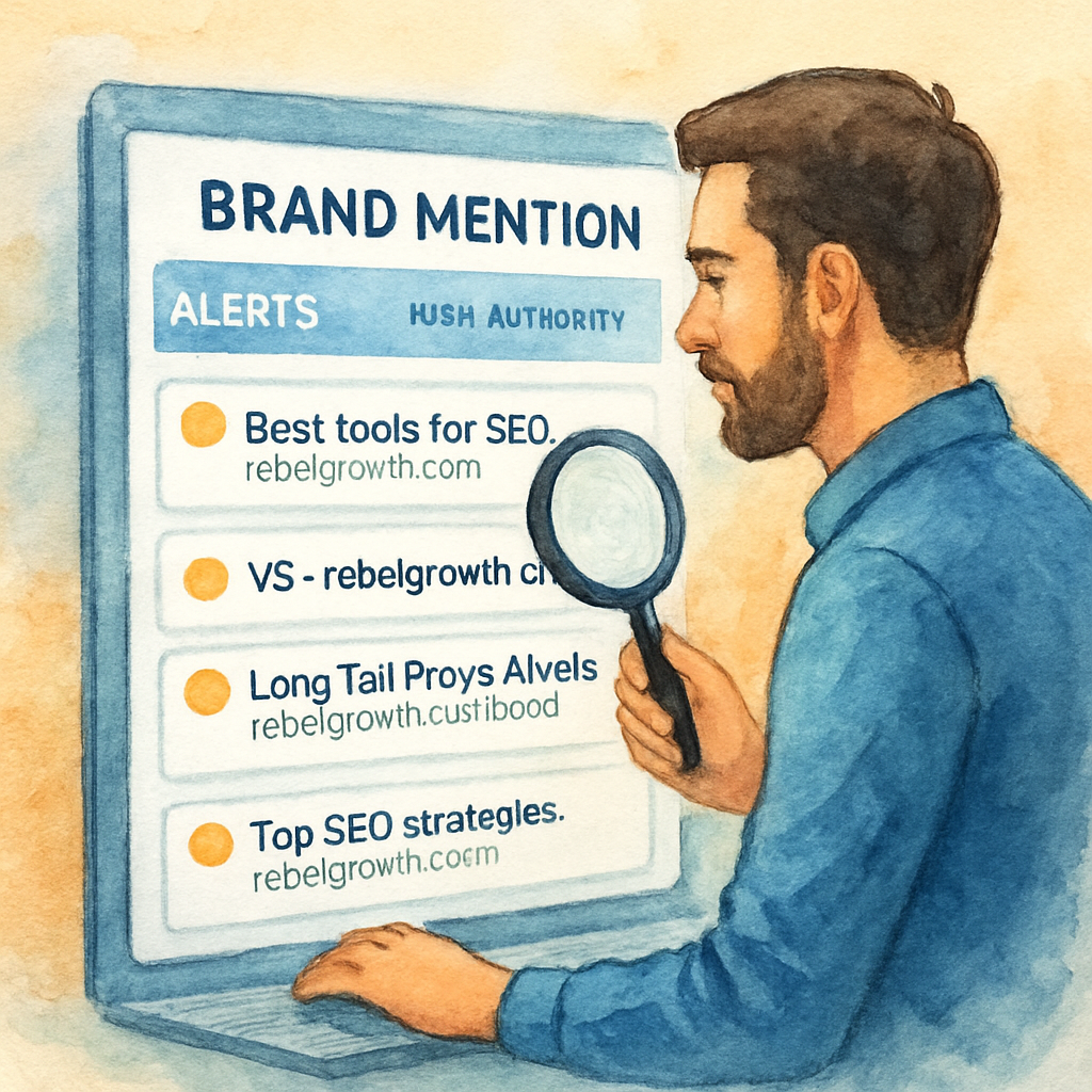 An AI‑generated illustration of a marketer scanning a digital dashboard filled with brand mention alerts, highlighting high‑authority sites. Alt: "brand mention link building dashboard with high‑value mentions"