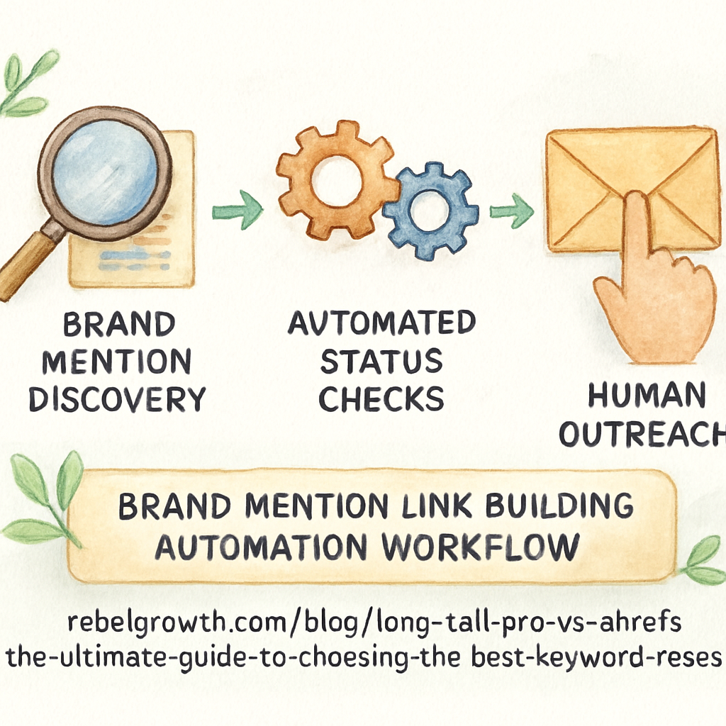 An illustrated workflow diagram showing brand mention discovery, automated status checks, and human outreach steps. Alt: Brand mention link building automation workflow