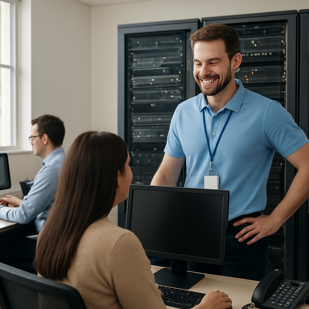 A modern Monterey office with servers and a friendly IT technician assisting staff. Alt: business IT support services Monterey office