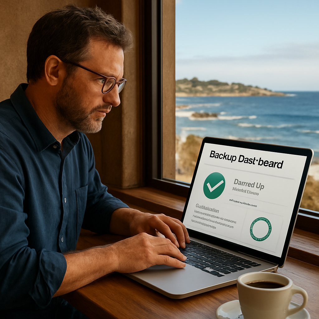 A Monterey small‑business owner reviewing a backup dashboard on a laptop in a cafe, with the Pacific Ocean visible through the window. Alt: Backup and disaster recovery planning for Monterey SMBs