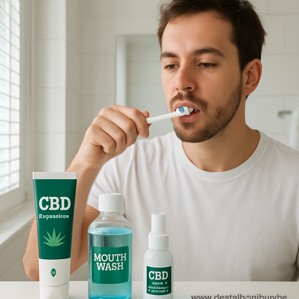 A person brushing teeth in a bright bathroom, with a visible pea‑sized dab of blue‑green CBD toothpaste on the brush, and a small spray bottle on the counter. Alt: CBD dental care routine with toothpaste, mouthwash, and oral spray.