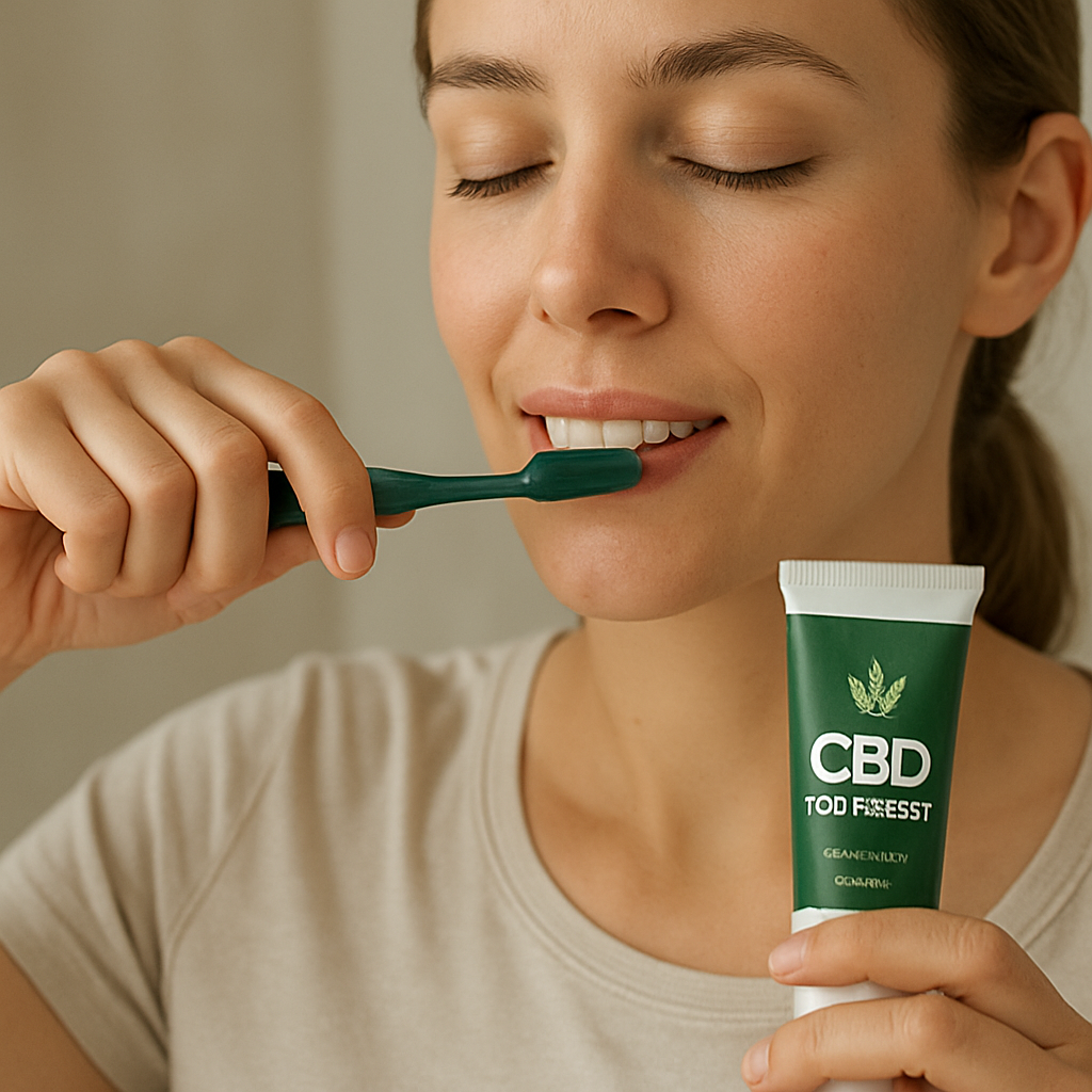A person brushing teeth with a tube of CBD toothpaste, showing gentle motion and a calm expression. Alt: person using cbd toothpaste for healthy gums.
