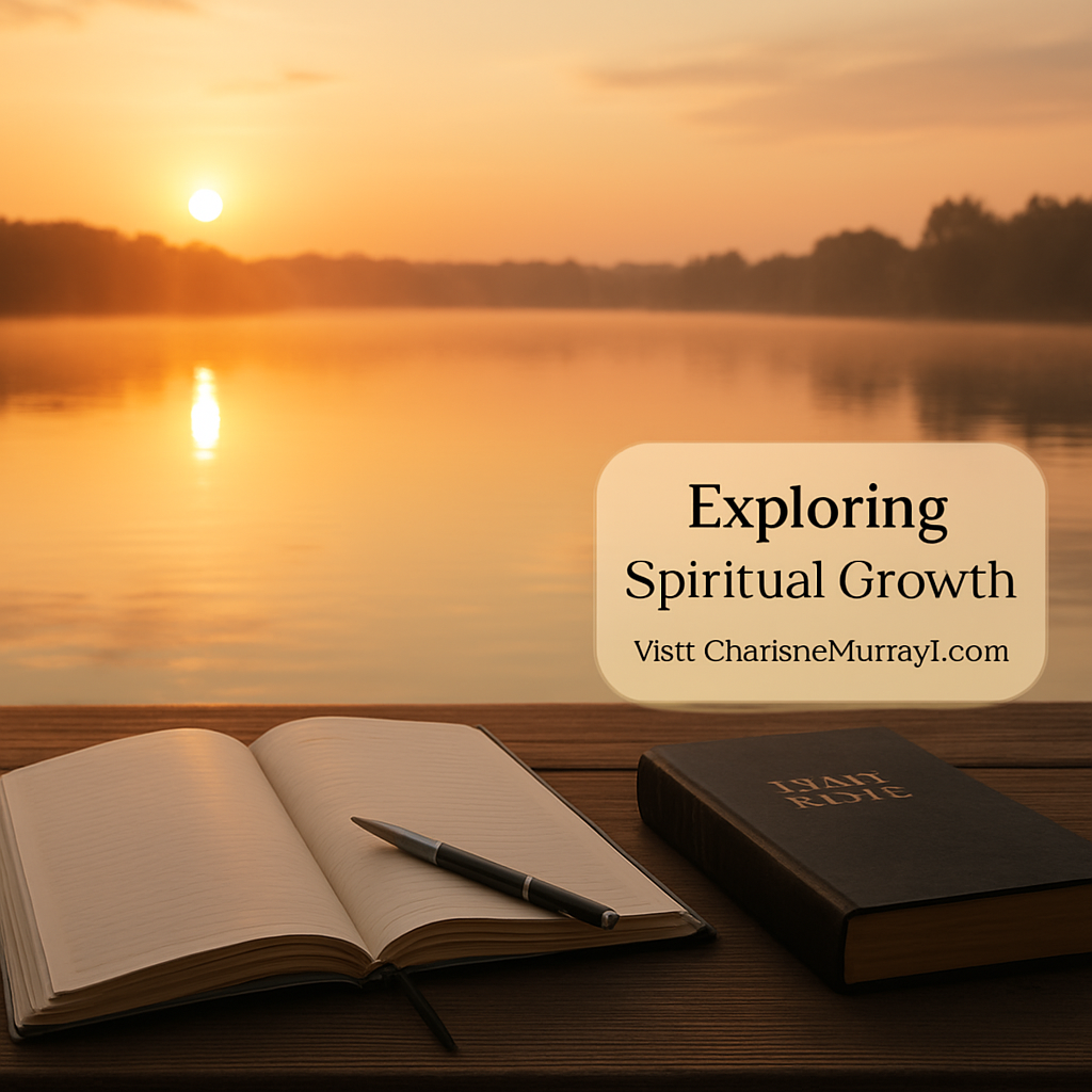 A serene sunrise over a quiet lake, a journal open on a wooden table with a pen and a Bible beside it. Alt: “Identifying spiritual growth goals with a journal and sunrise inspiration.”