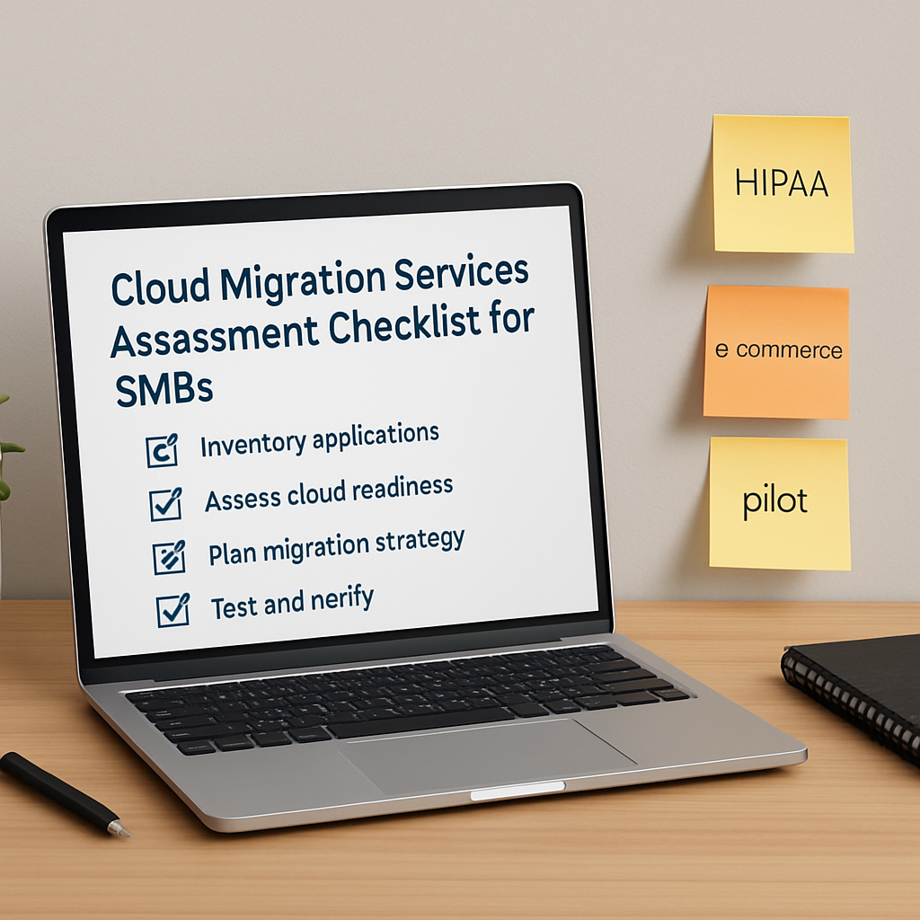 A modern office desk with a laptop displaying a cloud migration checklist, sticky notes with “HIPAA”, “e‑commerce”, and “pilot” tags. Alt: Cloud migration services assessment checklist for SMBs