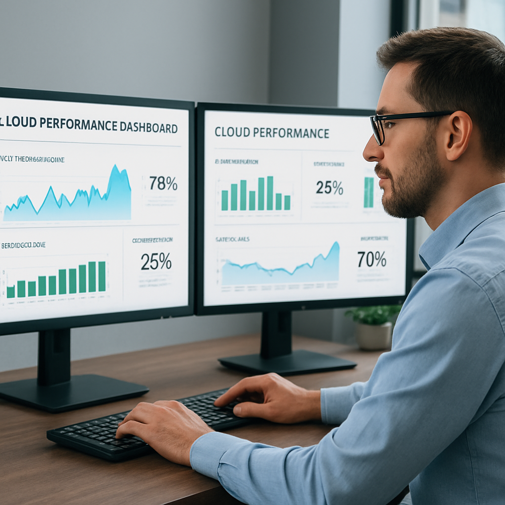 A IT specialist reviewing cloud performance dashboards on a dual‑monitor setup, with graphs showing CPU usage, cost savings, and latency improvements. Alt: Post‑migration cloud optimization monitoring.
