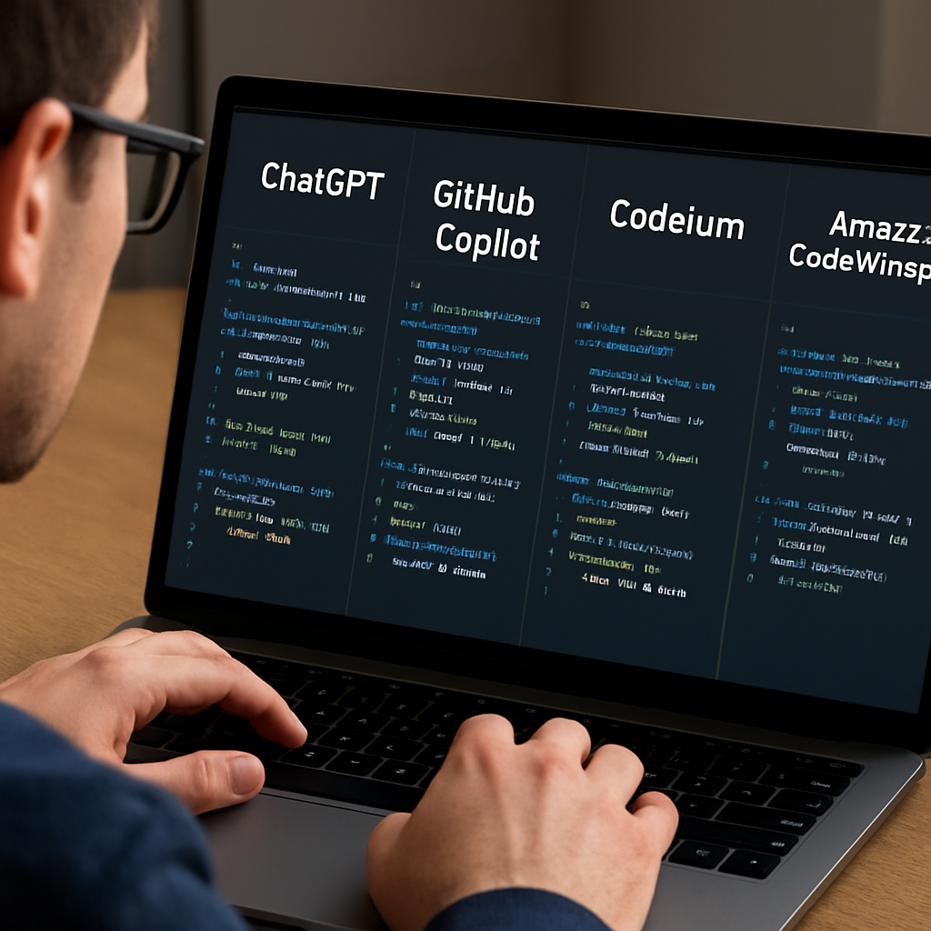 A developer comparing code snippets from different AI tools on a laptop screen, side‑by‑side view of code suggestions. Alt: Comparison of top code generator AI tools visualized.