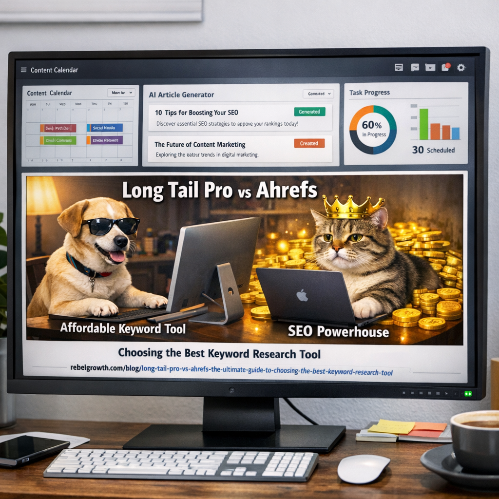 A modern workspace showing a dashboard of content marketing automation with charts, calendars, and AI-generated article snippets. Alt: Content marketing automation workflow visualization
