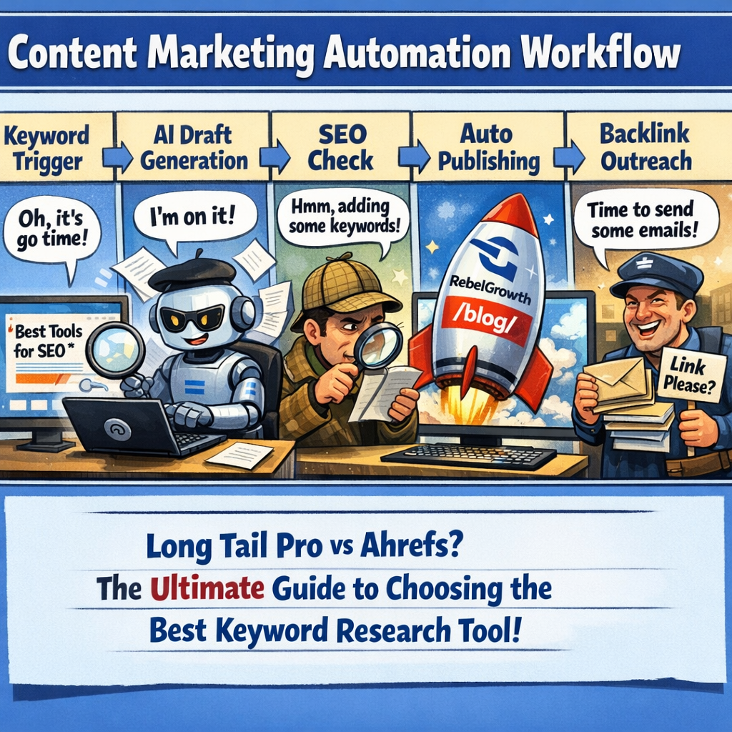 An illustration of a flowchart showing content marketing automation workflow, with icons for keyword trigger, AI draft generation, SEO check, automatic publishing, and backlink outreach. Alt: Visual representation of content marketing automation workflow steps.