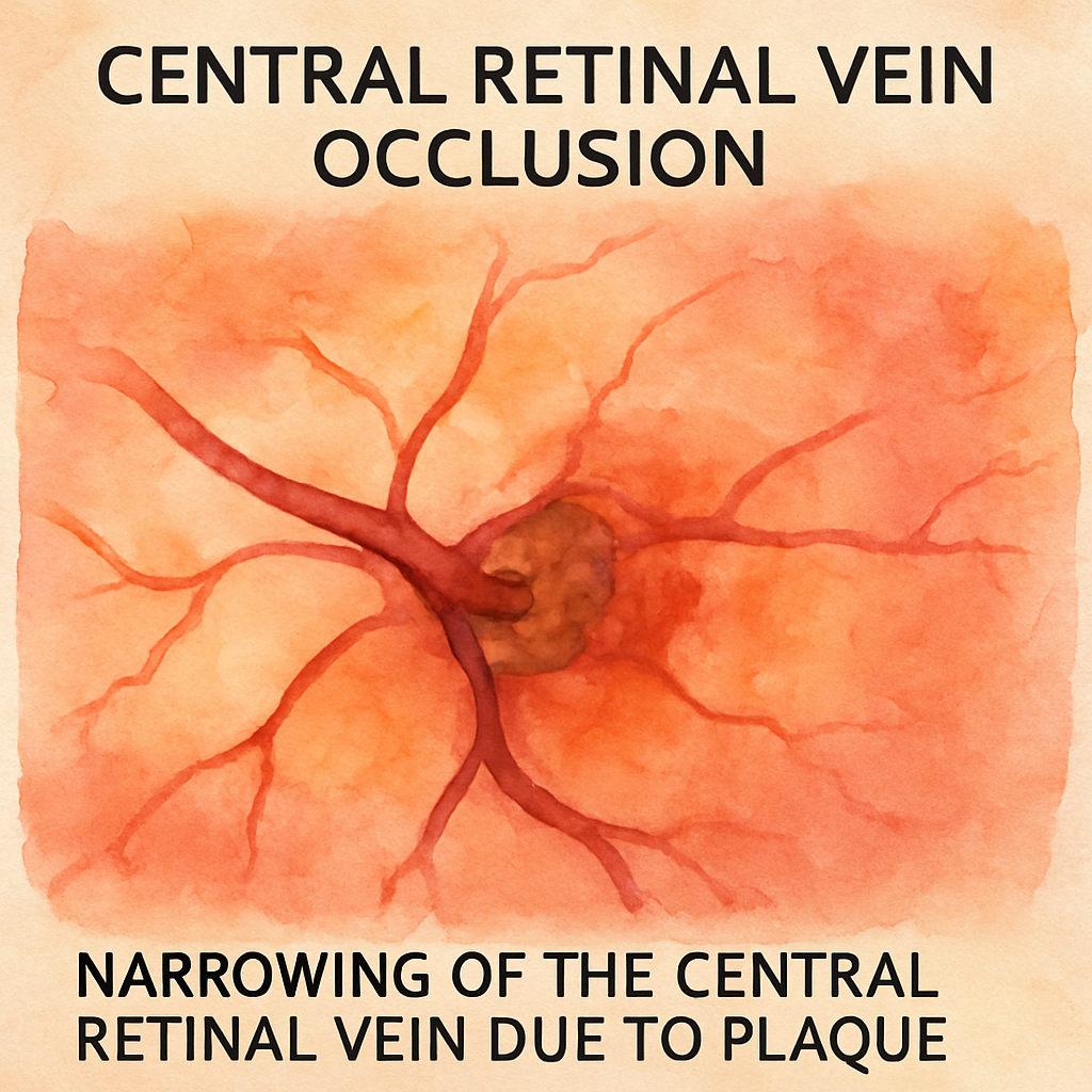 A close‑up illustration of the eye’s central retinal vein narrowing due to plaque, showing surrounding retinal tissue swelling. Alt: Central retinal vein occlusion causes and risk factors visual guide.