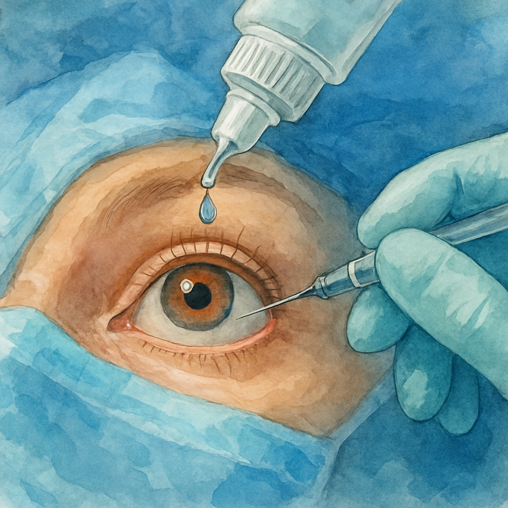A close‑up of an eye being prepped for an anti‑VEGF injection, showing the sterile field, eye drops, and the tiny needle poised over the cornea. Alt: Anti‑VEGF injection procedure for CRVO treatment.