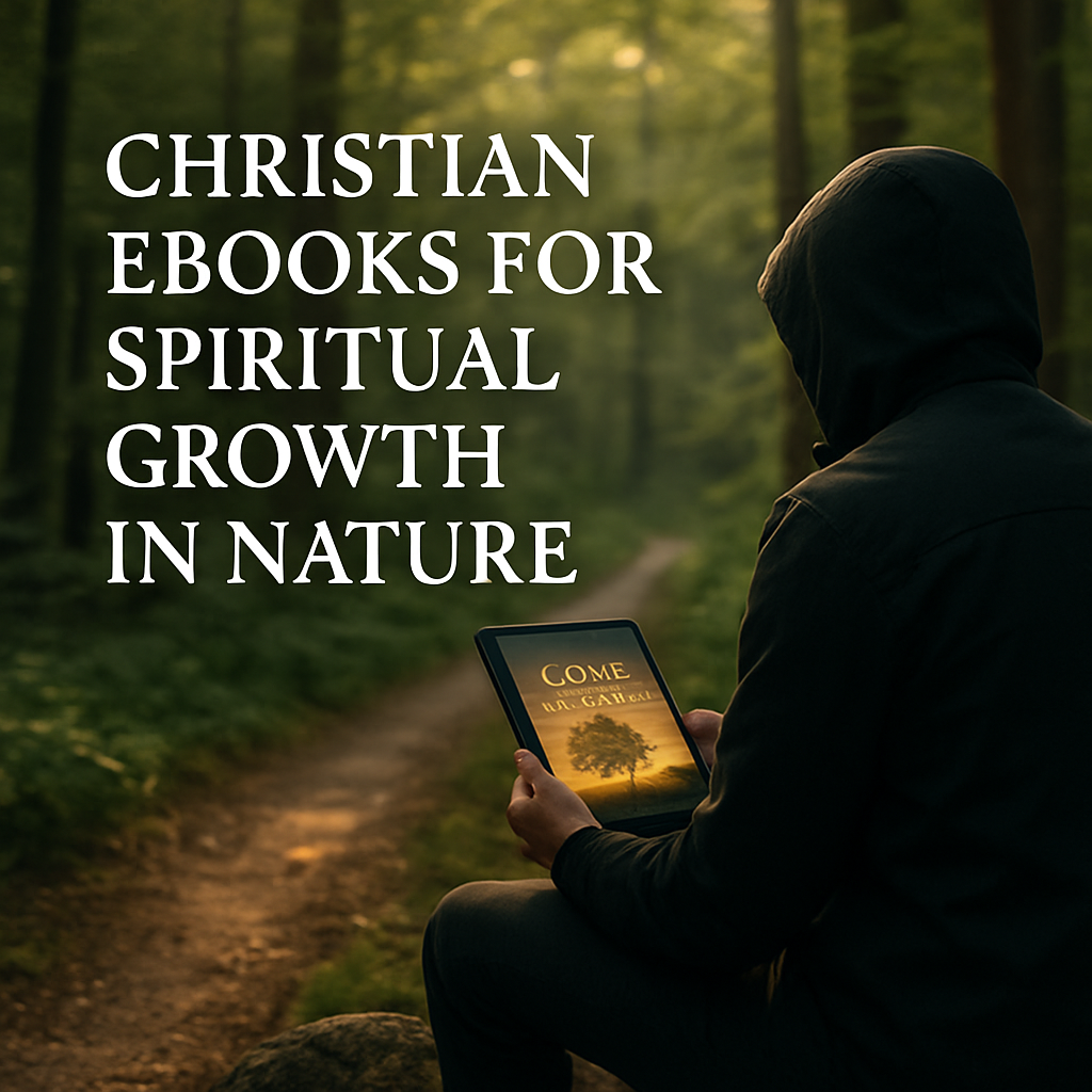 A serene forest trail with a person sitting on a rock, holding a tablet displaying a Christian ebook. Alt: Christian ebooks for spiritual growth in nature