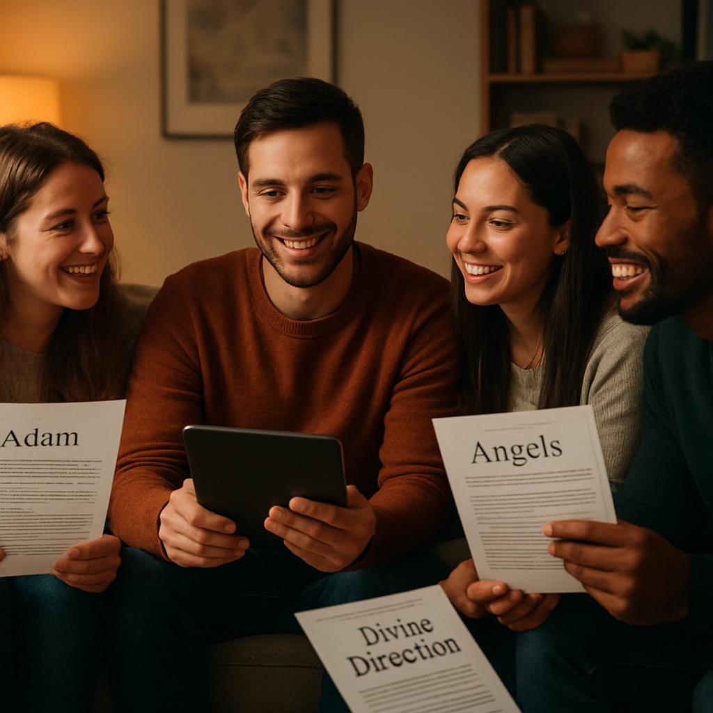 A cozy living room setting with a small group of friends gathered around a tablet, each holding a printed worksheet from a Christian ebook, smiling and discussing. Alt: Small group study with Christian ebook worksheets.