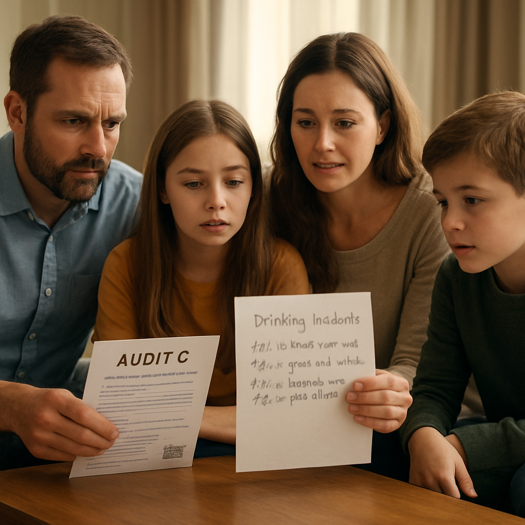 A photorealistic scene of a family gathered around a coffee table, reviewing a printed AUDIT‑C questionnaire and a handwritten list of specific drinking incidents, soft natural lighting, realistic expressions of concern and hope. Alt: Family assessing alcohol use with a screening tool and factual notes.