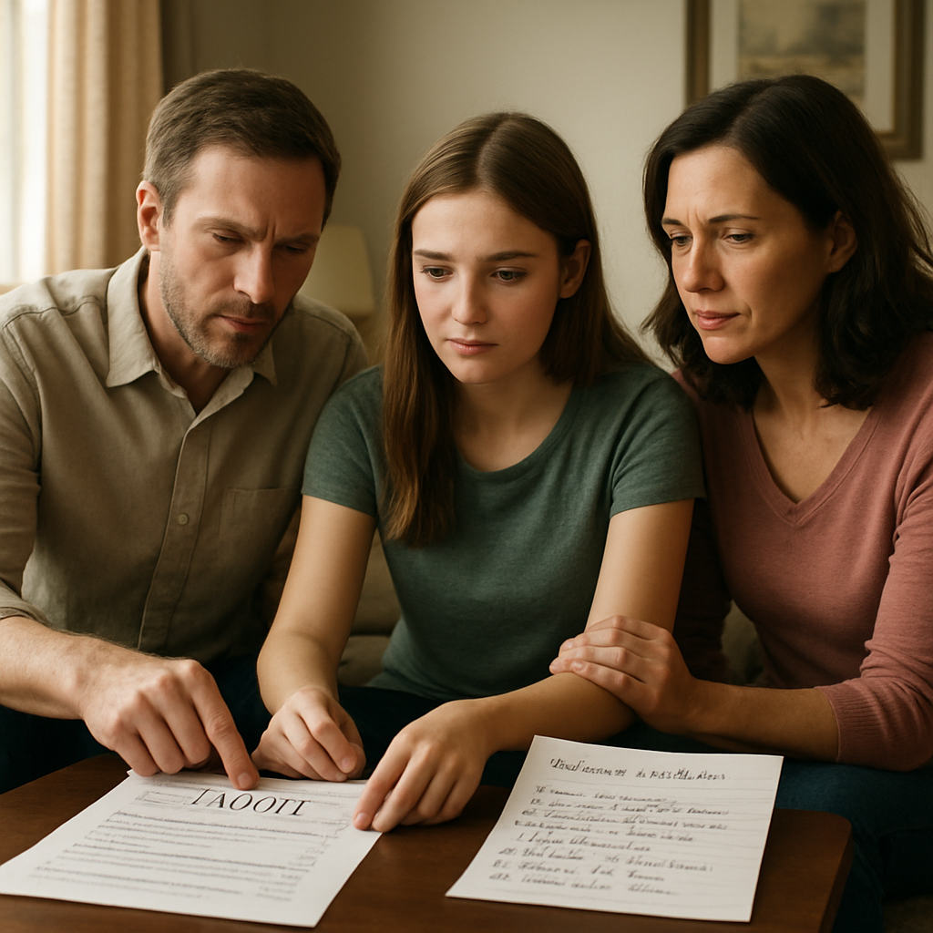 A photorealistic scene of a modest living room with soft natural light, where a family of three sits around a coffee table reviewing a printed AUDIT questionnaire and a handwritten list of specific drinking incidents, showing concern and hope. Alt: Alcohol interventions screening and brief conversation in a supportive home setting.